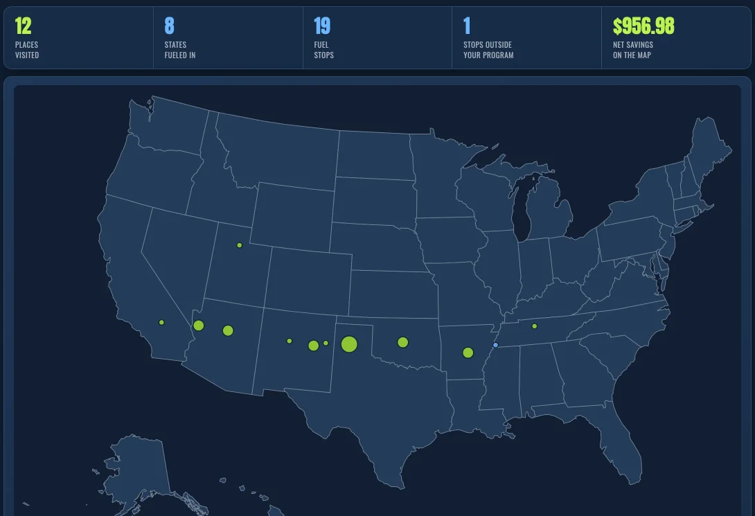 A map of the United States with a pin at every place you've filled up, sized by how often you return.