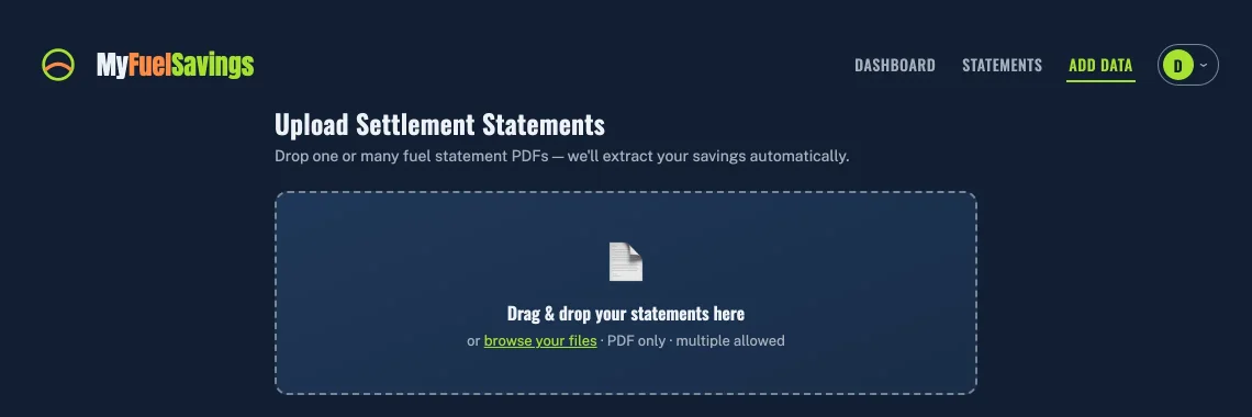 The upload page with a drop zone that reads: drag and drop your statements here, or browse your files.