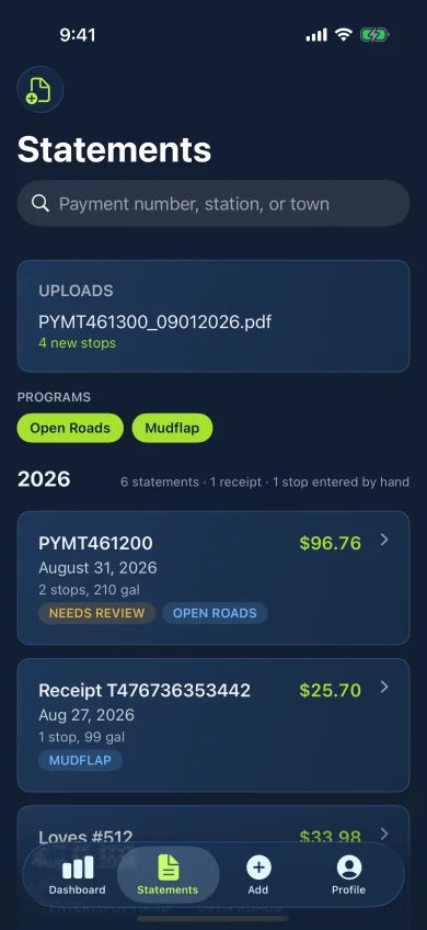 The Statements screen in the iPhone app: the button to add a file, and a statement just uploaded with its new stops.